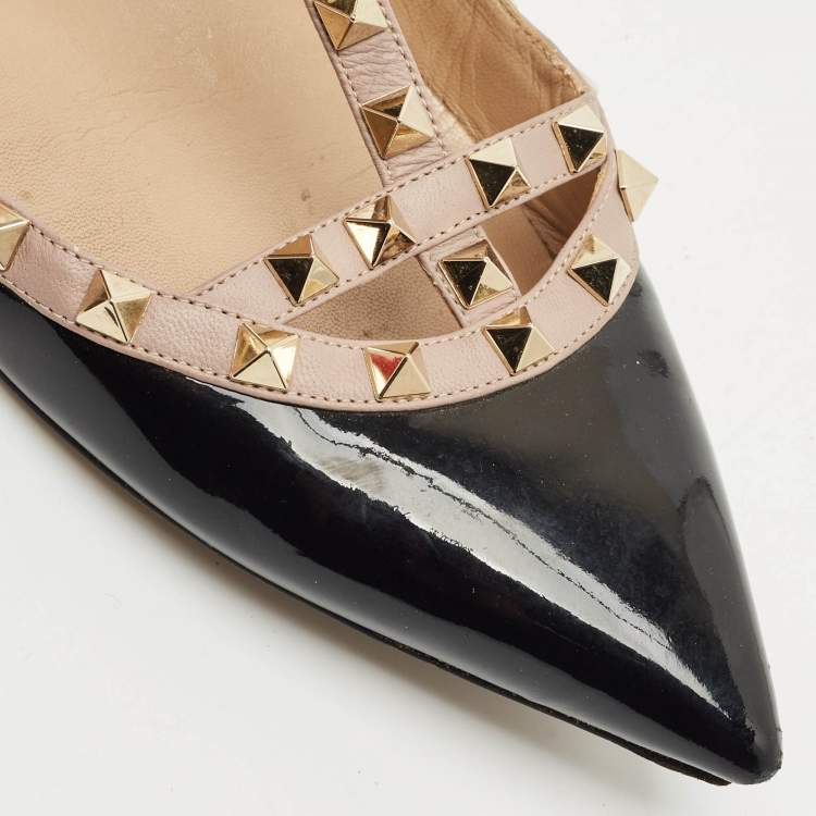 Pre Owned Valentino Black/Beige Patent Leather Rockstud Caged Ballet Flats Size 41.5