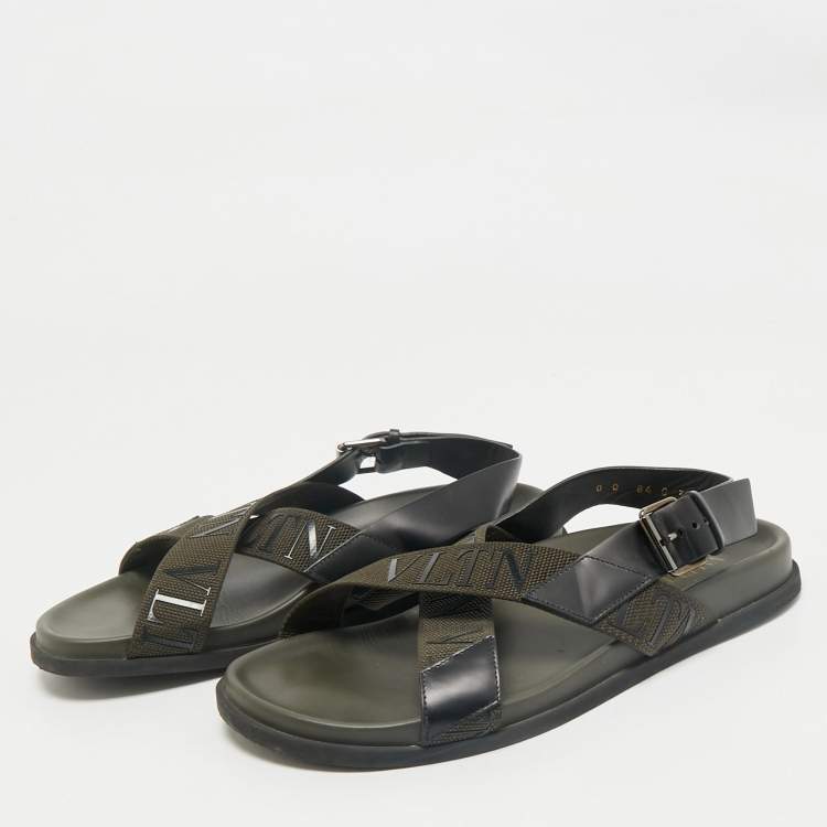 Pre Owned Valentino Black/Green Fabric and Leather VLTN Print Cross Strap Sandals Size 39