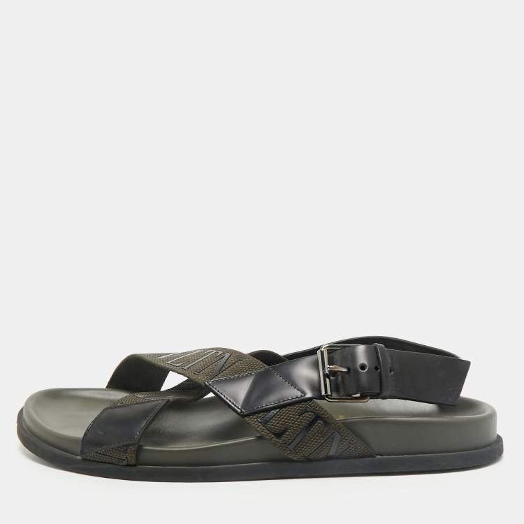 Pre Owned Valentino Black/Green Fabric and Leather VLTN Print Cross Strap Sandals Size 39