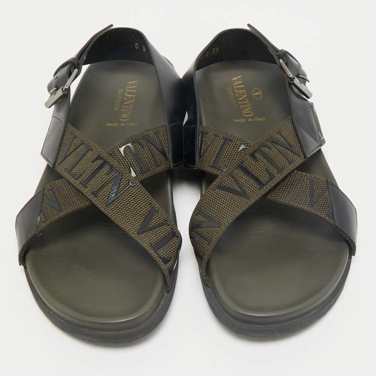 Pre Owned Valentino Black/Green Fabric and Leather VLTN Print Cross Strap Sandals Size 39