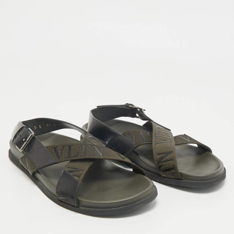 Pre Owned Valentino Black/Green Fabric and Leather VLTN Print Cross Strap Sandals Size 39