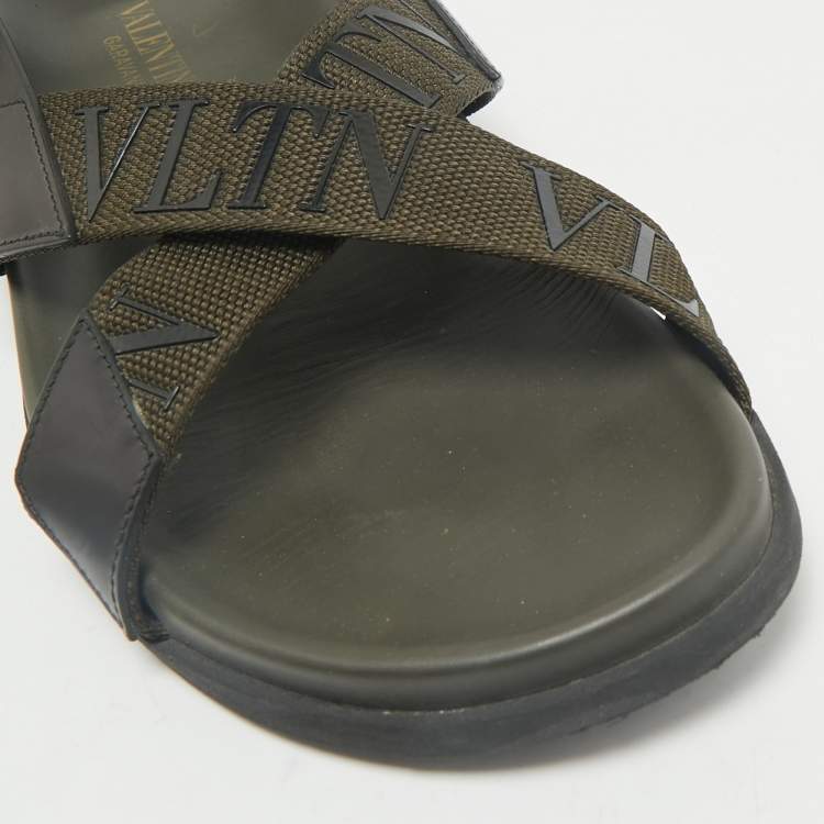 Pre Owned Valentino Black/Green Fabric and Leather VLTN Print Cross Strap Sandals Size 39