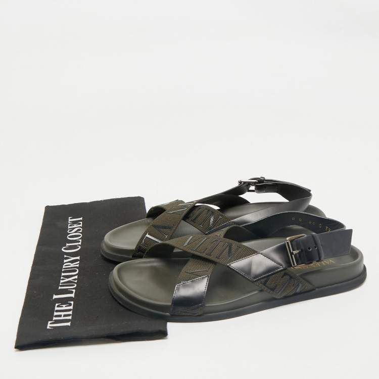 Pre Owned Valentino Black/Green Fabric and Leather VLTN Print Cross Strap Sandals Size 39