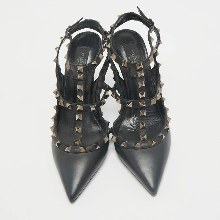 Pre Owned Valentino Black Leather Rockstud Caged Ankle Strap Pumps Size 38