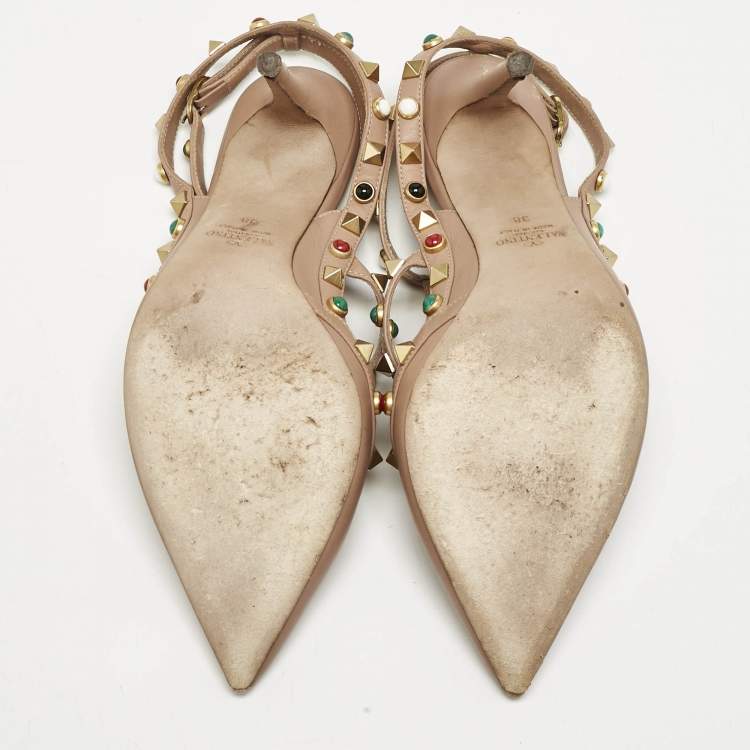 Pre Owned Valentino Beige Leather Rockstud Caged Ankle Strap Pumps Size 38