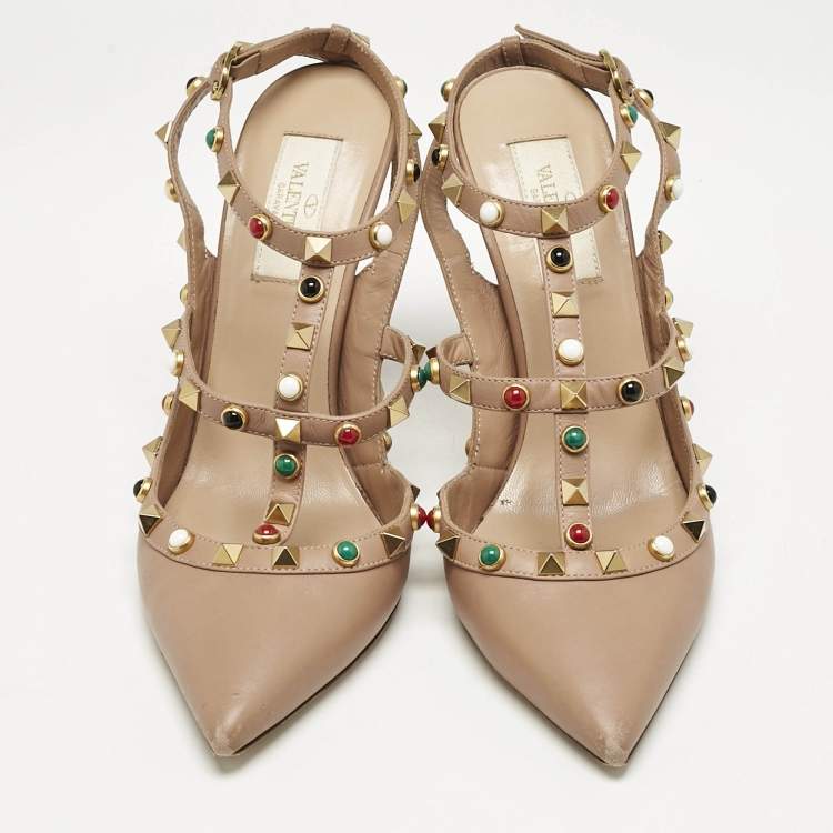 Pre Owned Valentino Beige Leather Rockstud Caged Ankle Strap Pumps Size 38