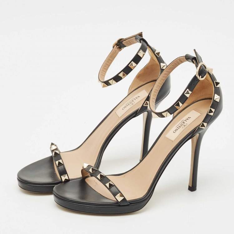 Pre Owned Valentino Black Leather Rockstud Ankle Strap Sandals Size 38.5