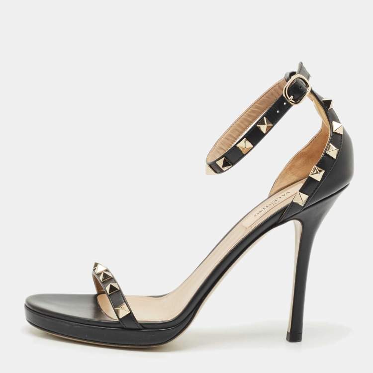 Pre Owned Valentino Black Leather Rockstud Ankle Strap Sandals Size 38.5