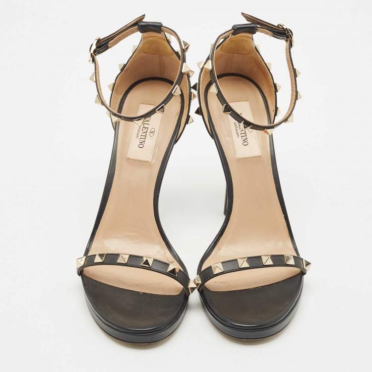 Pre Owned Valentino Black Leather Rockstud Ankle Strap Sandals Size 38.5
