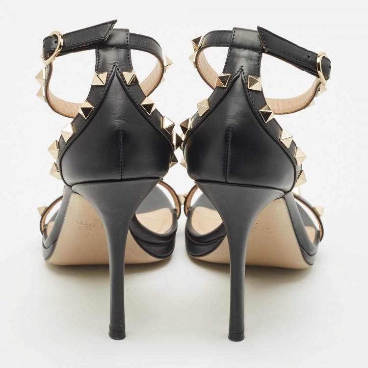 Pre Owned Valentino Black Leather Rockstud Ankle Strap Sandals Size 38.5