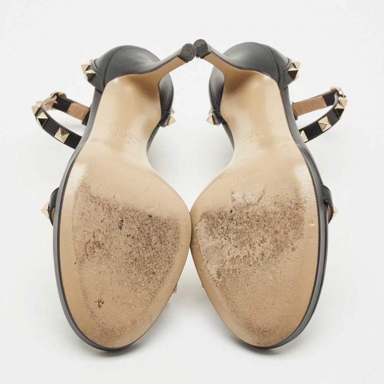 Pre Owned Valentino Black Leather Rockstud Ankle Strap Sandals Size 38.5