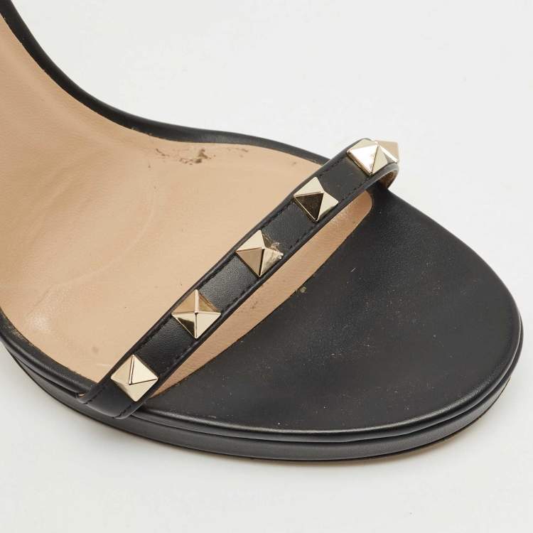 Pre Owned Valentino Black Leather Rockstud Ankle Strap Sandals Size 38.5