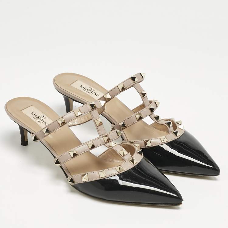 Pre Owned Valentino Black/Dusty Pink Patent and Leather Rockstud Mules Size 37