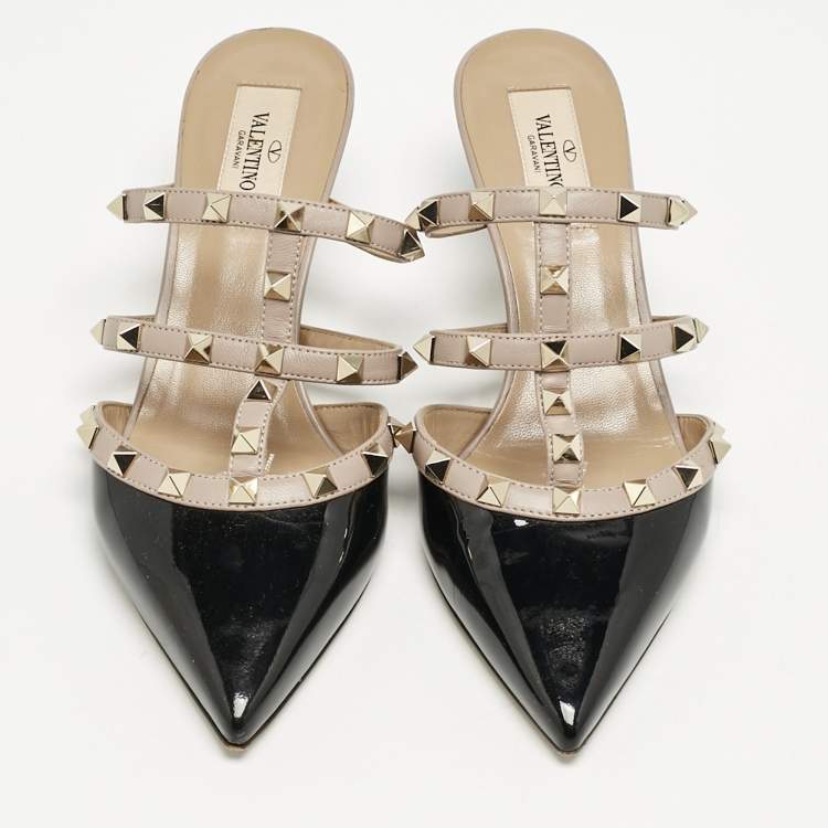Pre Owned Valentino Black/Dusty Pink Patent and Leather Rockstud Mules Size 37