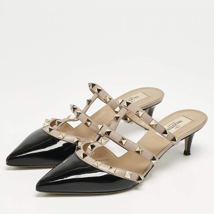 Pre Owned Valentino Black/Dusty Pink Patent and Leather Rockstud Mules Size 37