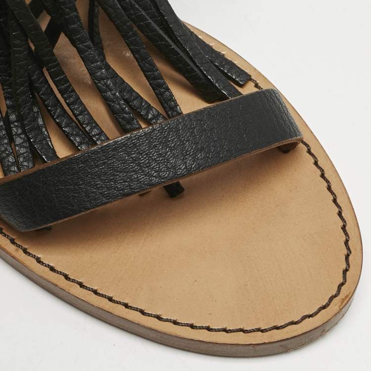 Pre Owned Valentino Black Leather Fringe Studded Ankle Strap Block Heel Sandals Size 39