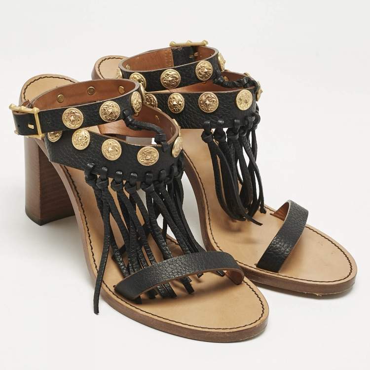 Pre Owned Valentino Black Leather Fringe Studded Ankle Strap Block Heel Sandals Size 39