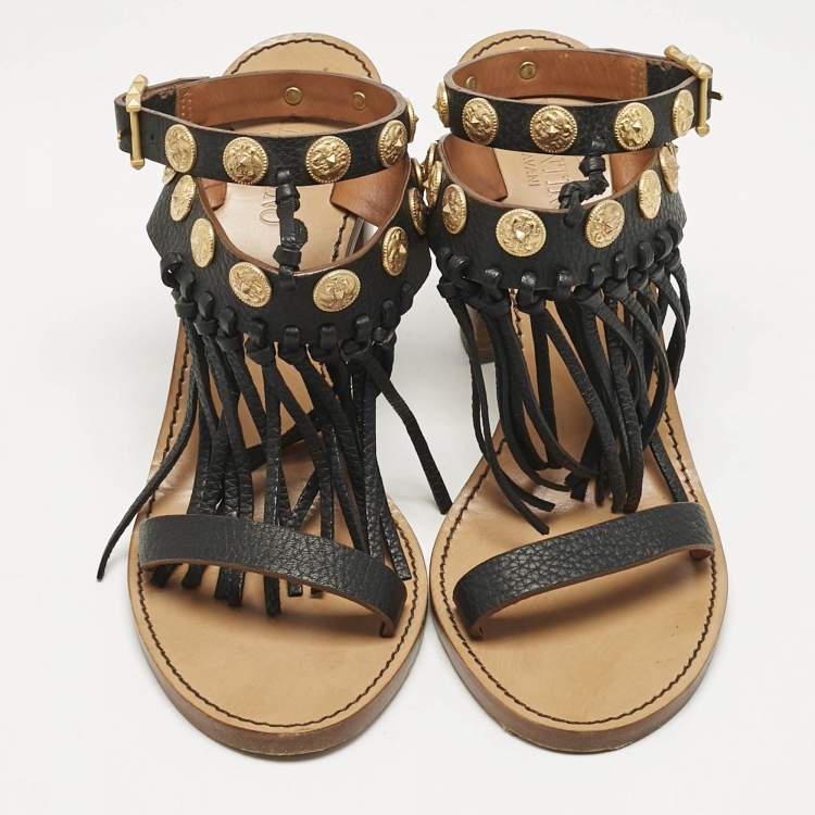 Pre Owned Valentino Black Leather Fringe Studded Ankle Strap Block Heel Sandals Size 39