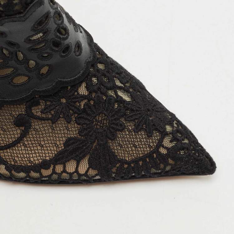 Pre Owned Valentino Black Leather and Lace Fusion Pointed Toe Ankle Length Boots Size 36