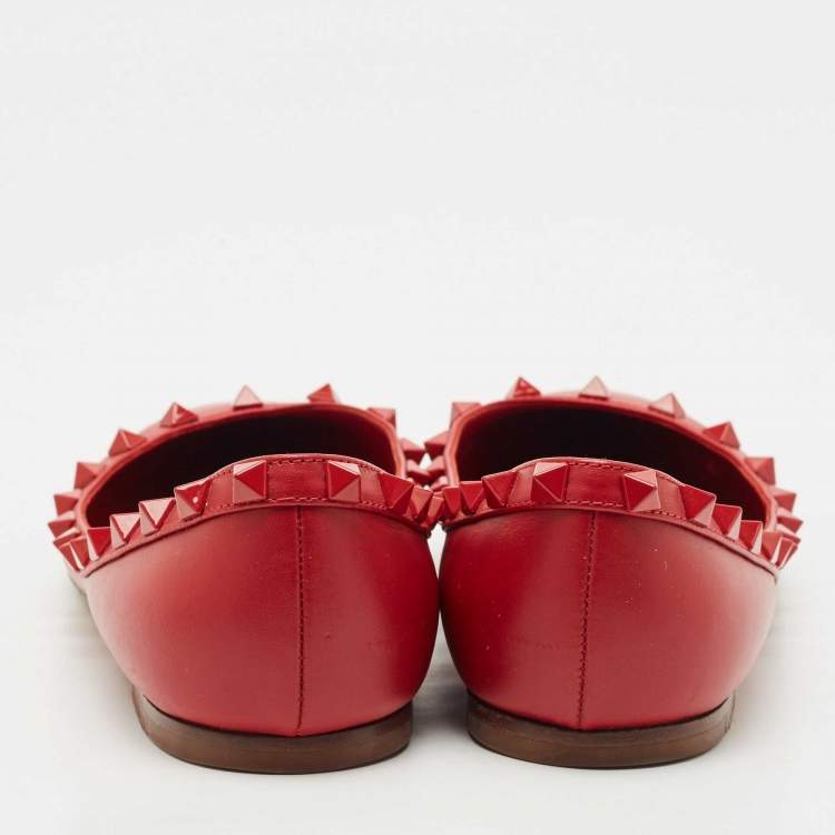 Pre Owned Valentino Red Leather Rockstud Ballet Flats Size 37