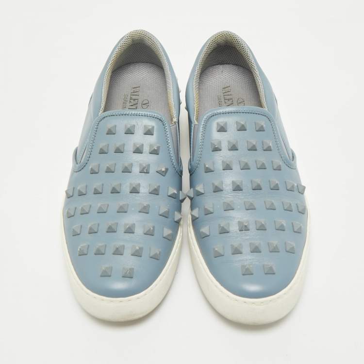Pre Owned Valentino Light Blue Leather Rockstud Slip On Sneakers Size 39
