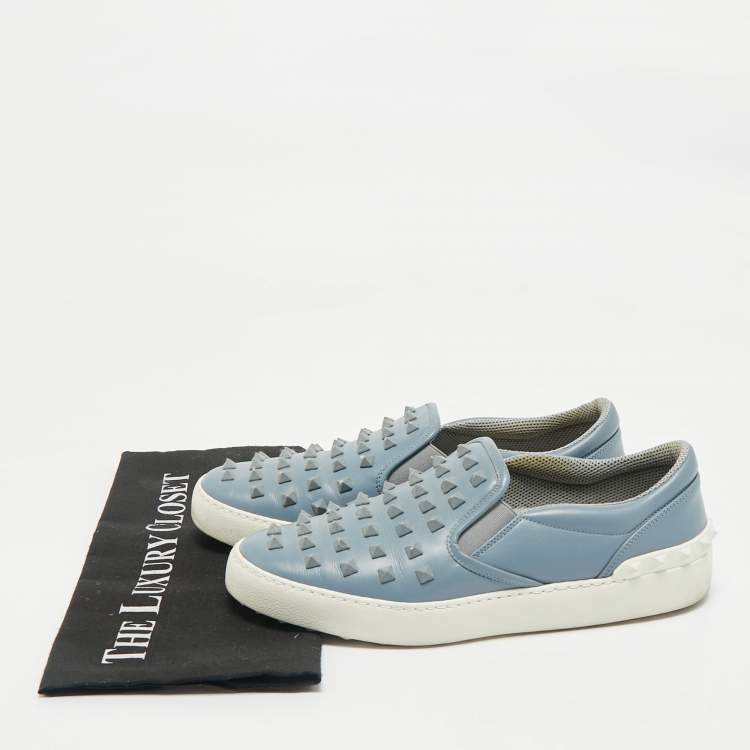 Pre Owned Valentino Light Blue Leather Rockstud Slip On Sneakers Size 39