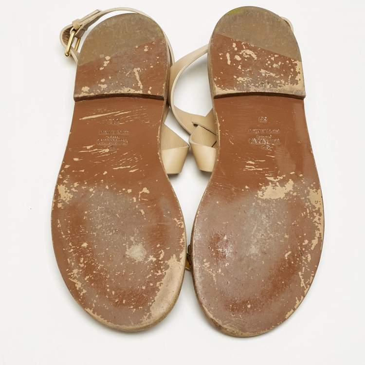 Pre Owned Valentino Beige Leather Metal Floral Embellished Flat Sandals Size 39