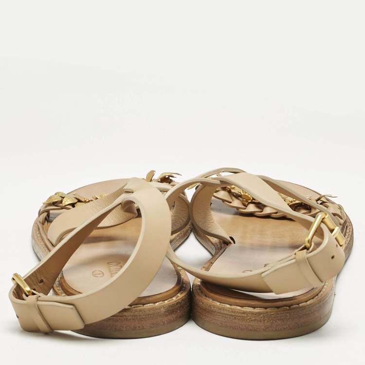 Pre Owned Valentino Beige Leather Metal Floral Embellished Flat Sandals Size 39