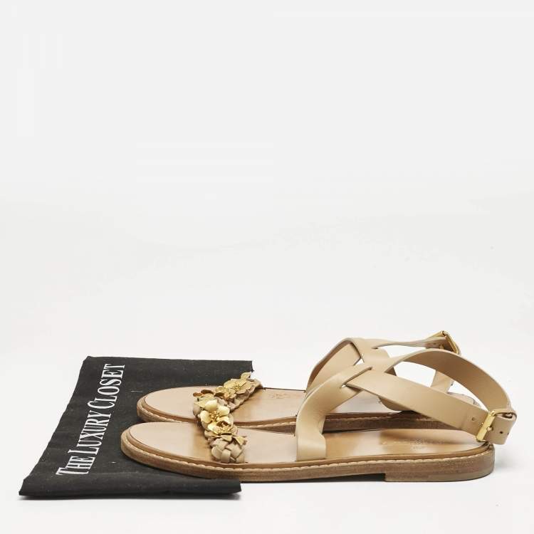 Pre Owned Valentino Beige Leather Metal Floral Embellished Flat Sandals Size 39