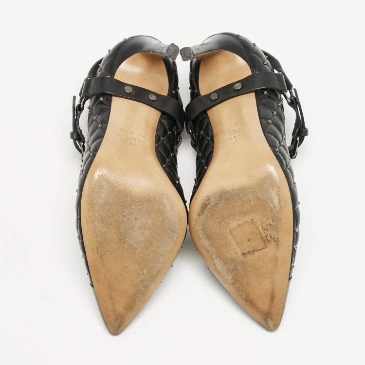 Pre Owned Valentino Black Quilted Leather Rockstud Spike Ankle Strap Cap Toe Pointed Pumps Size 37
