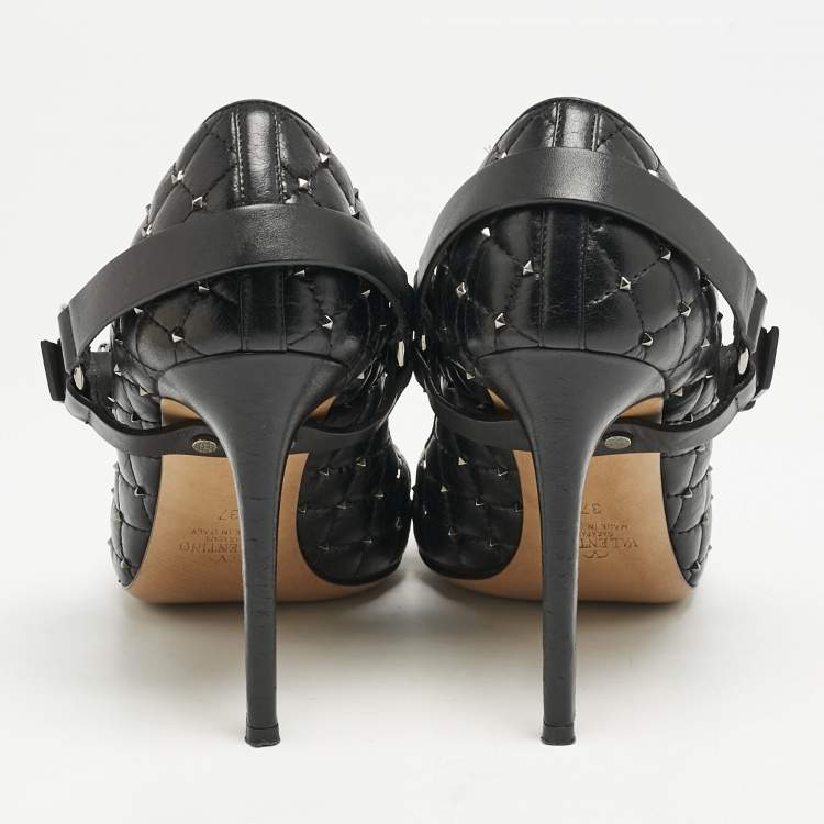 Pre Owned Valentino Black Quilted Leather Rockstud Spike Ankle Strap Cap Toe Pointed Pumps Size 37