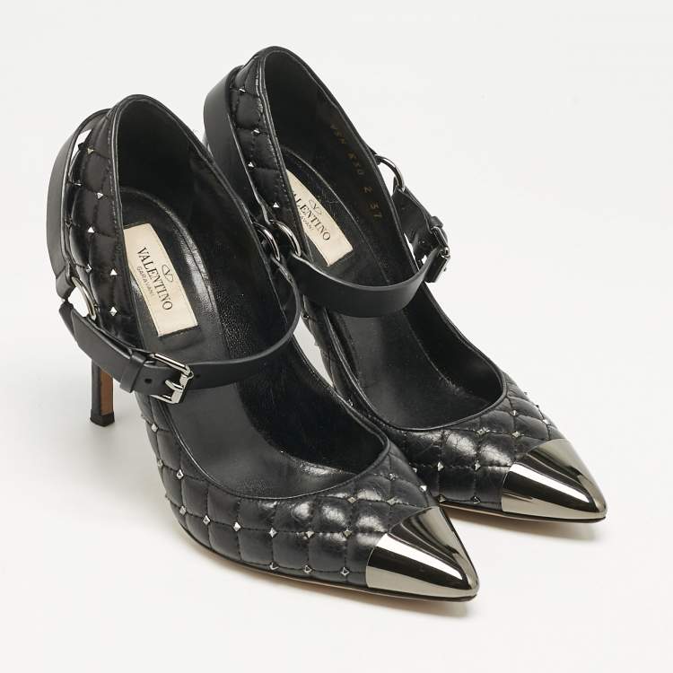 Pre Owned Valentino Black Quilted Leather Rockstud Spike Ankle Strap Cap Toe Pointed Pumps Size 37