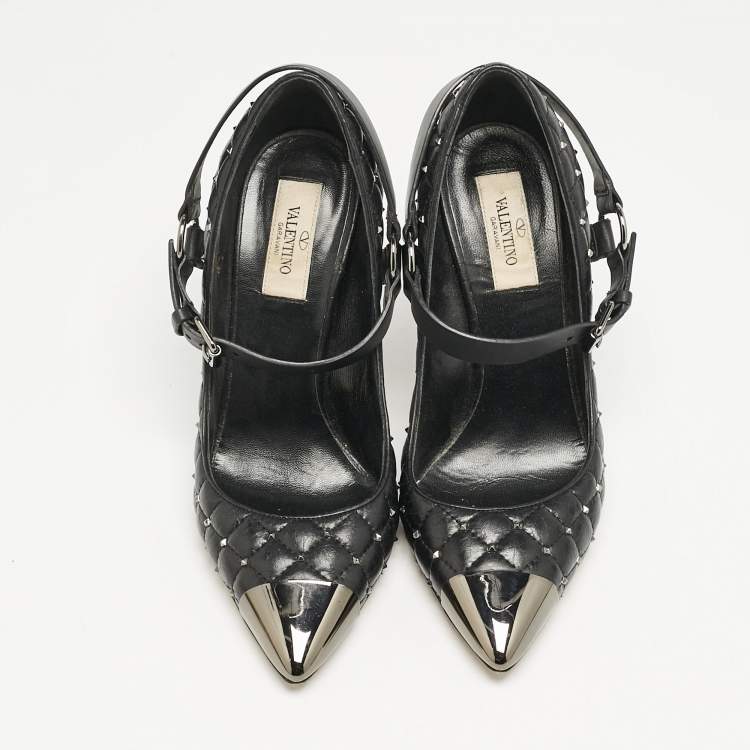 Pre Owned Valentino Black Quilted Leather Rockstud Spike Ankle Strap Cap Toe Pointed Pumps Size 37