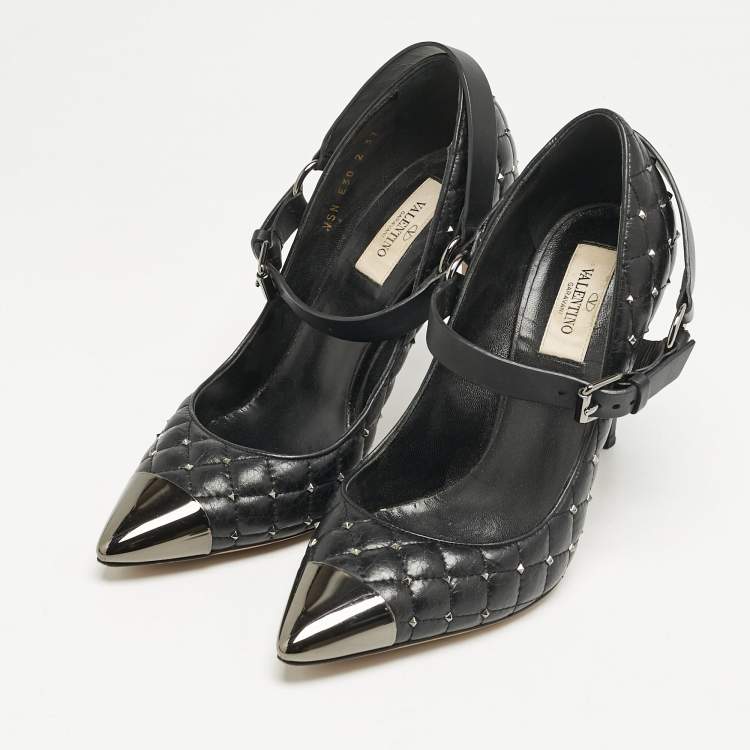Pre Owned Valentino Black Quilted Leather Rockstud Spike Ankle Strap Cap Toe Pointed Pumps Size 37