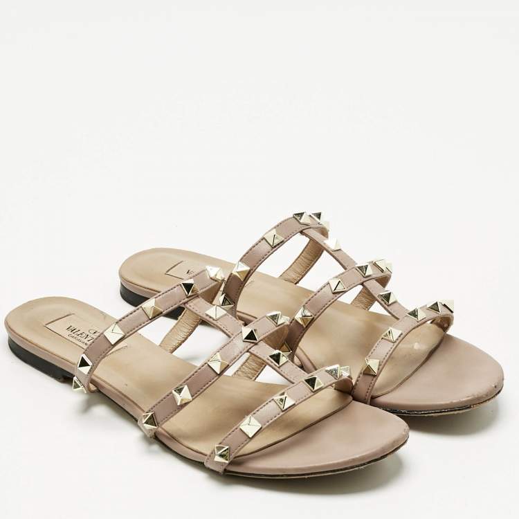 Pre Owned Valentino Dusty Pink Leather Rockstud Flat Slides Size 38