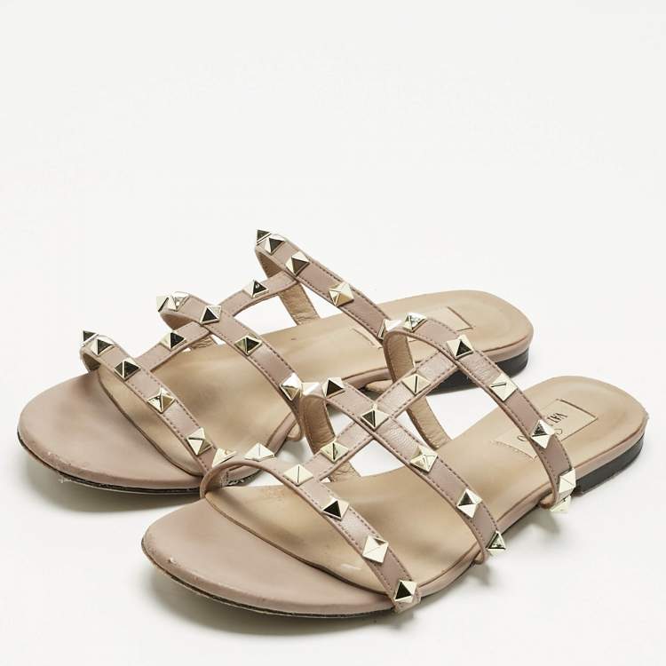 Pre Owned Valentino Dusty Pink Leather Rockstud Flat Slides Size 38