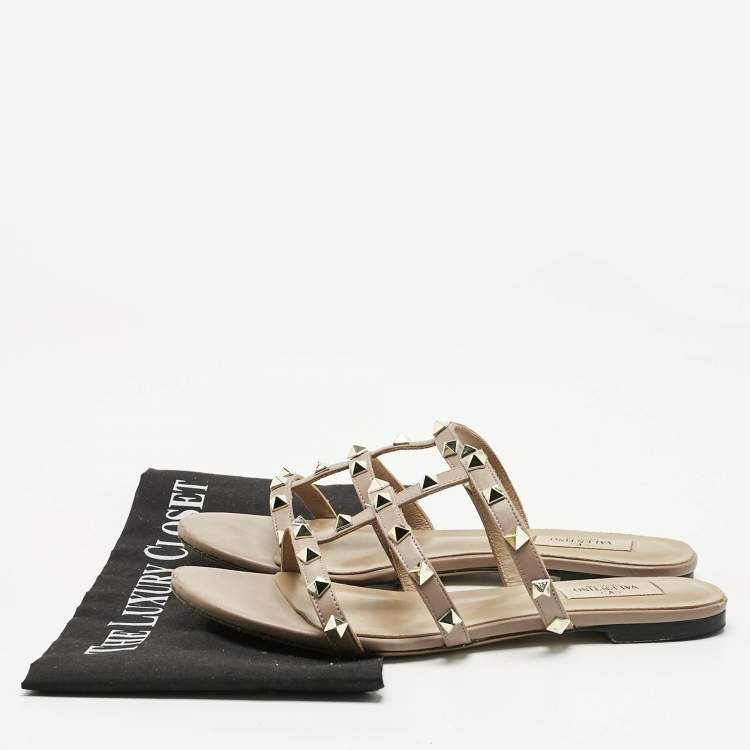 Pre Owned Valentino Dusty Pink Leather Rockstud Flat Slides Size 38