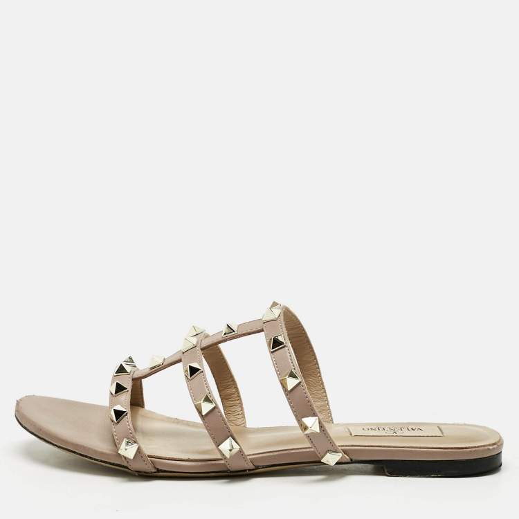 Pre Owned Valentino Dusty Pink Leather Rockstud Flat Slides Size 38