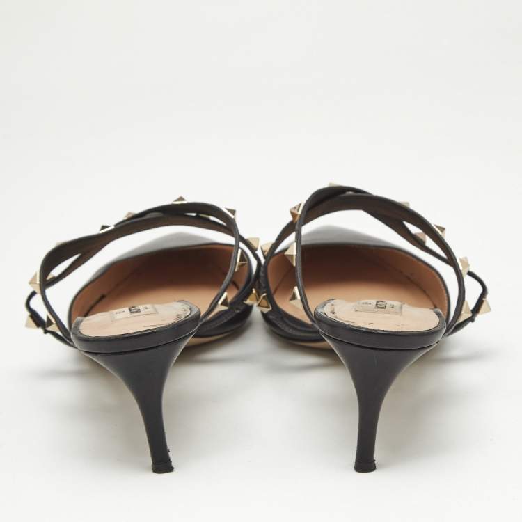 Pre Owned Valentino Black Leather Rockstud Mules Size 40.5