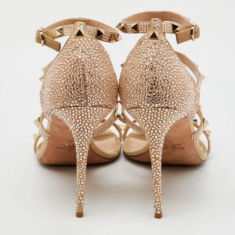 Pre Owned Valentino Beige Suede Crystal Embellished Rockstud Caged Sandals Size 40