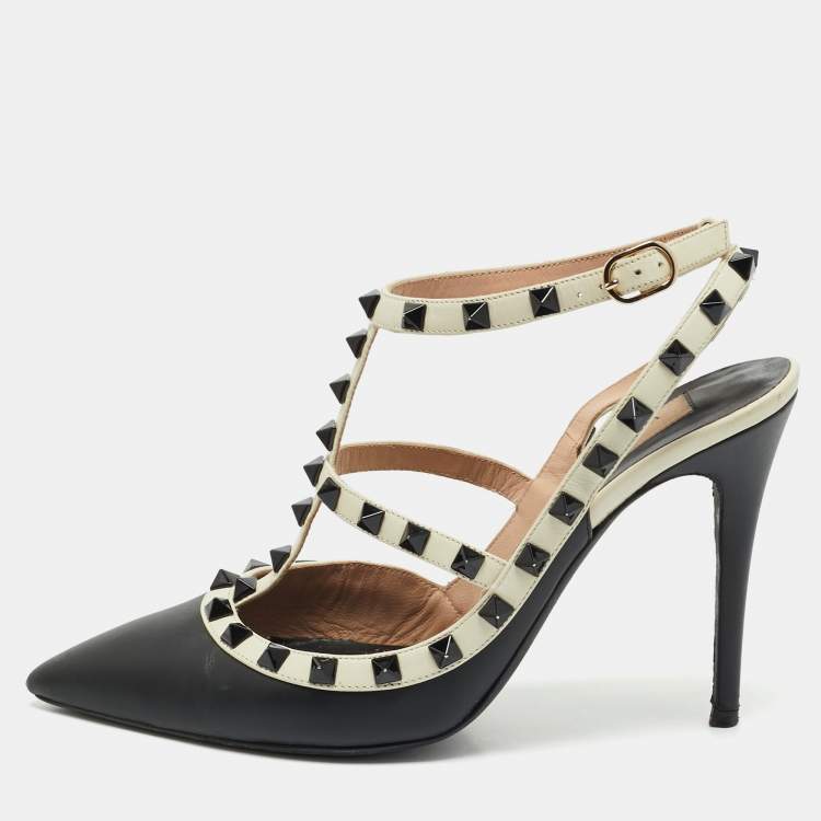 Pre Owned Valentino Black/White Leather Rockstud Ankle Strap Pumps Size 39
