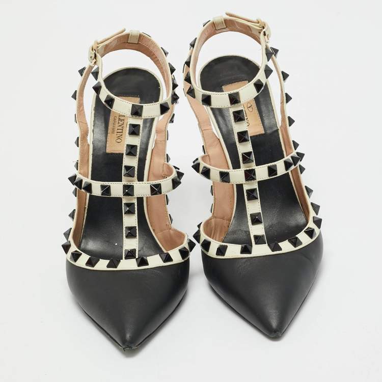 Pre Owned Valentino Black/White Leather Rockstud Ankle Strap Pumps Size 39