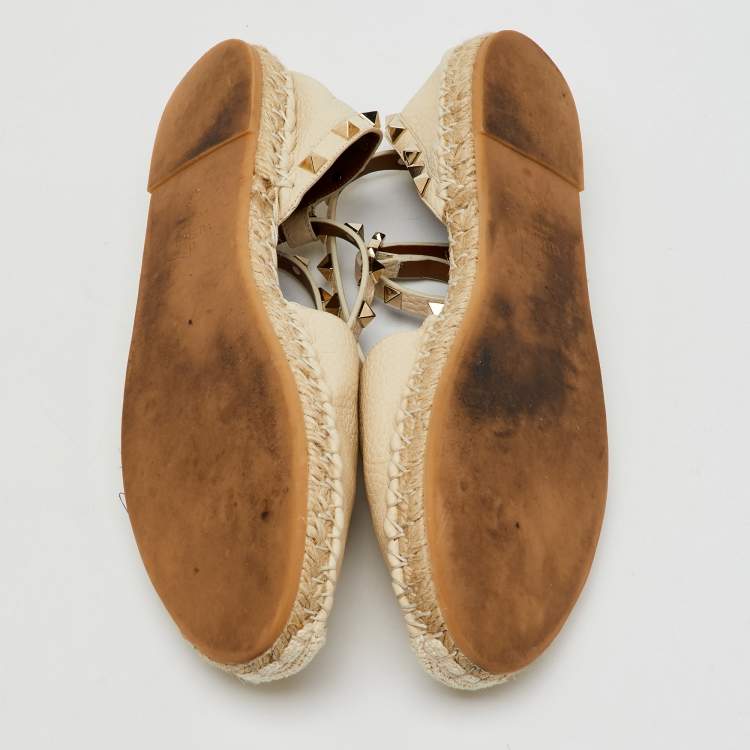 Pre Owned Valentino Cream Leather Rockstud Ankle Strap Espadrille Flats Size 39