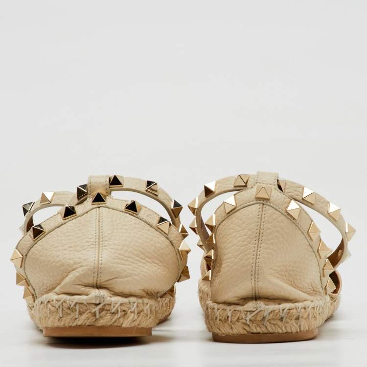 Pre Owned Valentino Cream Leather Rockstud Ankle Strap Espadrille Flats Size 39