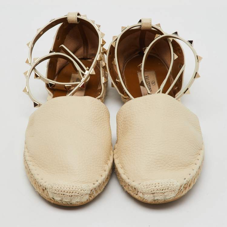 Pre Owned Valentino Cream Leather Rockstud Ankle Strap Espadrille Flats Size 39