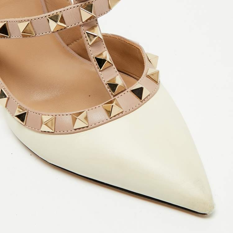 Pre Owned Valentino Beige/Cream Leather Rockstud Caged Ankle Strap Pumps Size 36