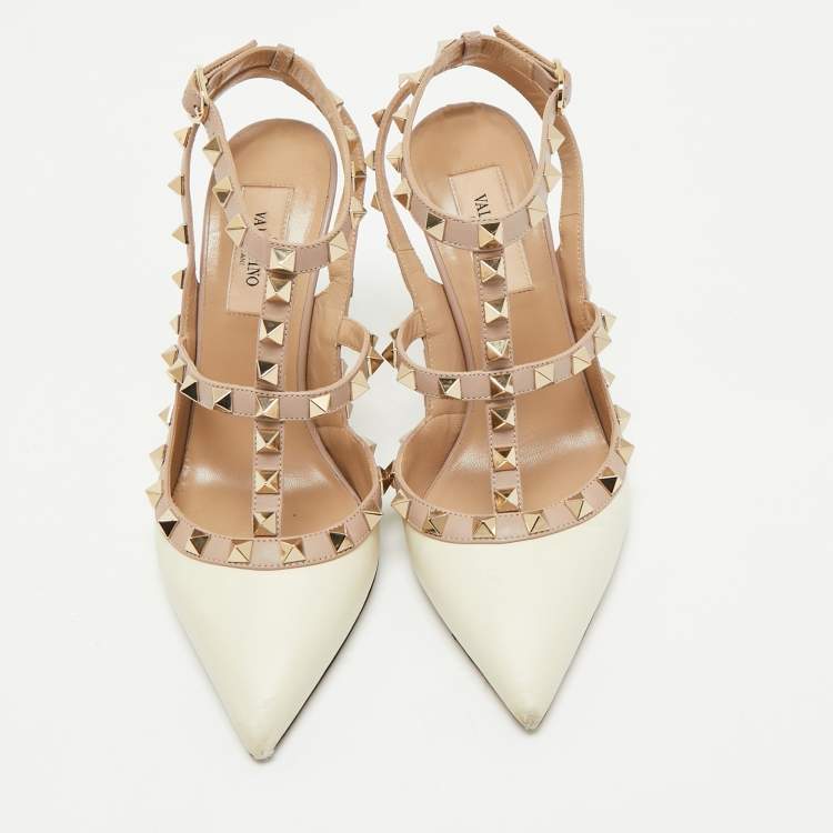 Pre Owned Valentino Beige/Cream Leather Rockstud Caged Ankle Strap Pumps Size 36
