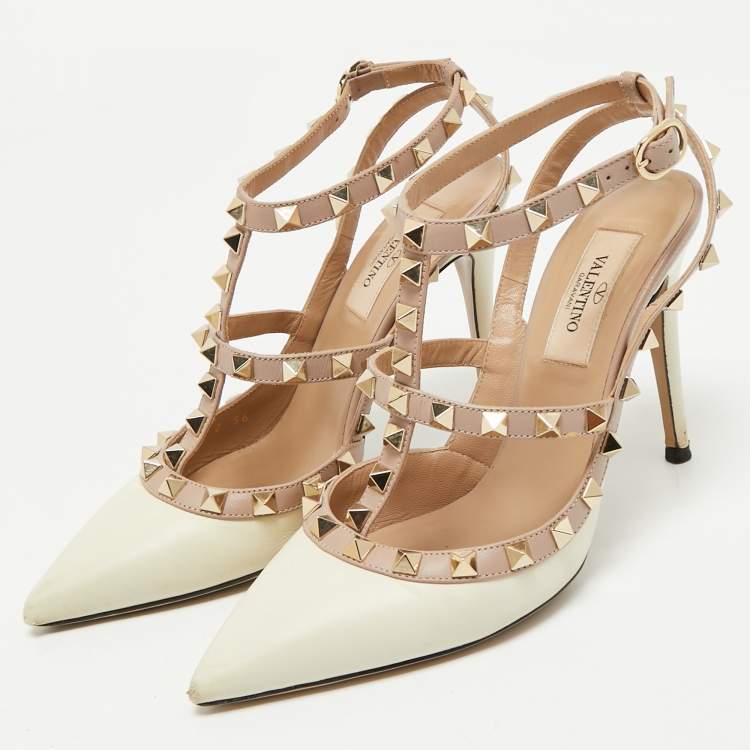 Pre Owned Valentino Beige/Cream Leather Rockstud Caged Ankle Strap Pumps Size 36