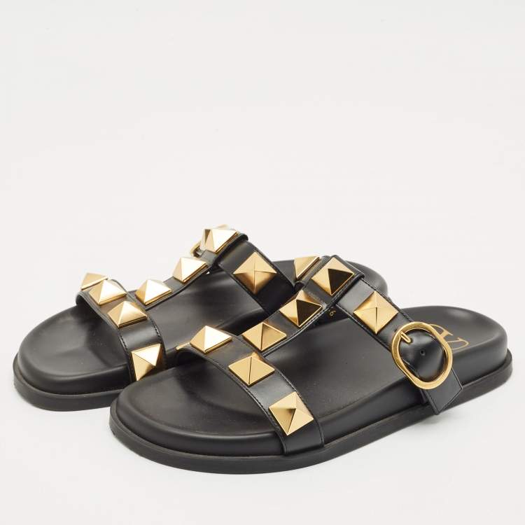 Pre Owned Valentino Black Leather Roman Stud Flat Slide Sandals Size 36