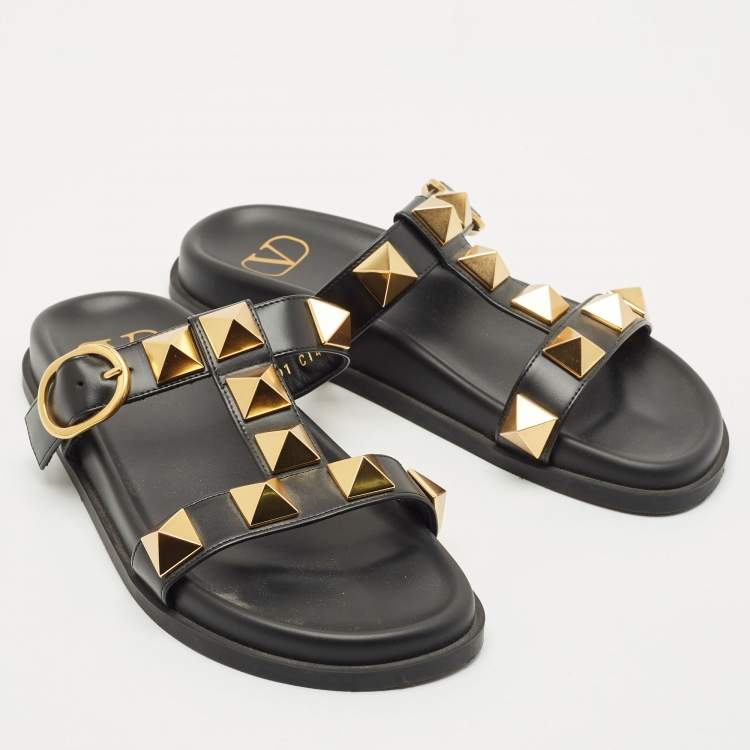 Pre Owned Valentino Black Leather Roman Stud Flat Slide Sandals Size 36